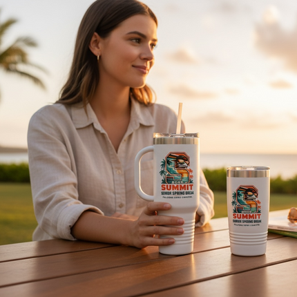 Woman holding a white tumbler with a scenic design at a table outdoors during sunset.